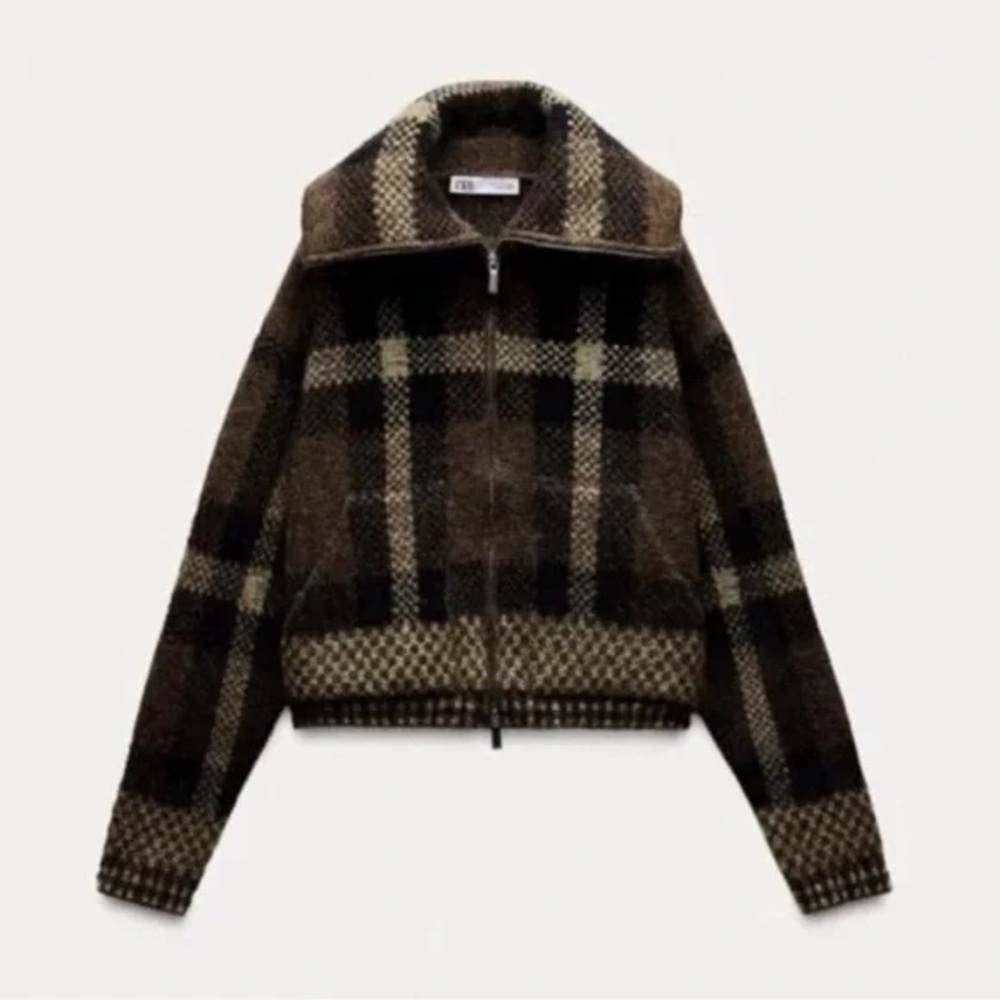 Zara Checkered Teddy Jacket in Brown and Black